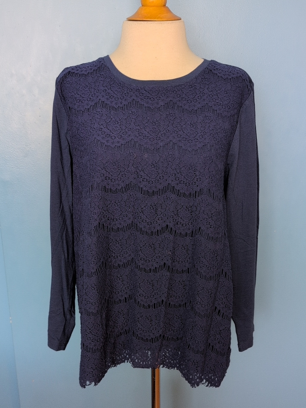 J.crew Women's Navy Lace Front Long Sleeve Tee Size XL